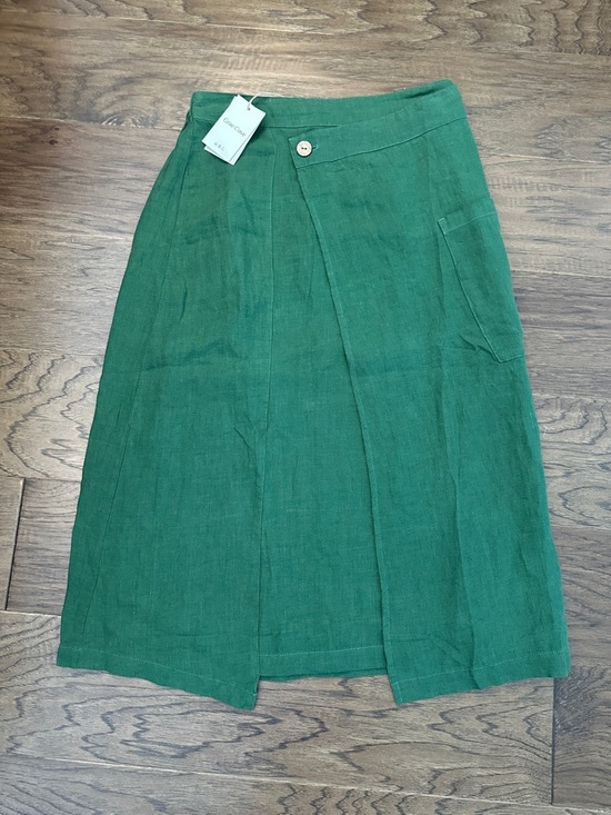 Grae Cove Dresses & Skirts - NWT Grae Cove SZ M Green Linen Blend Midi Skirt - Front Overlap A-Line